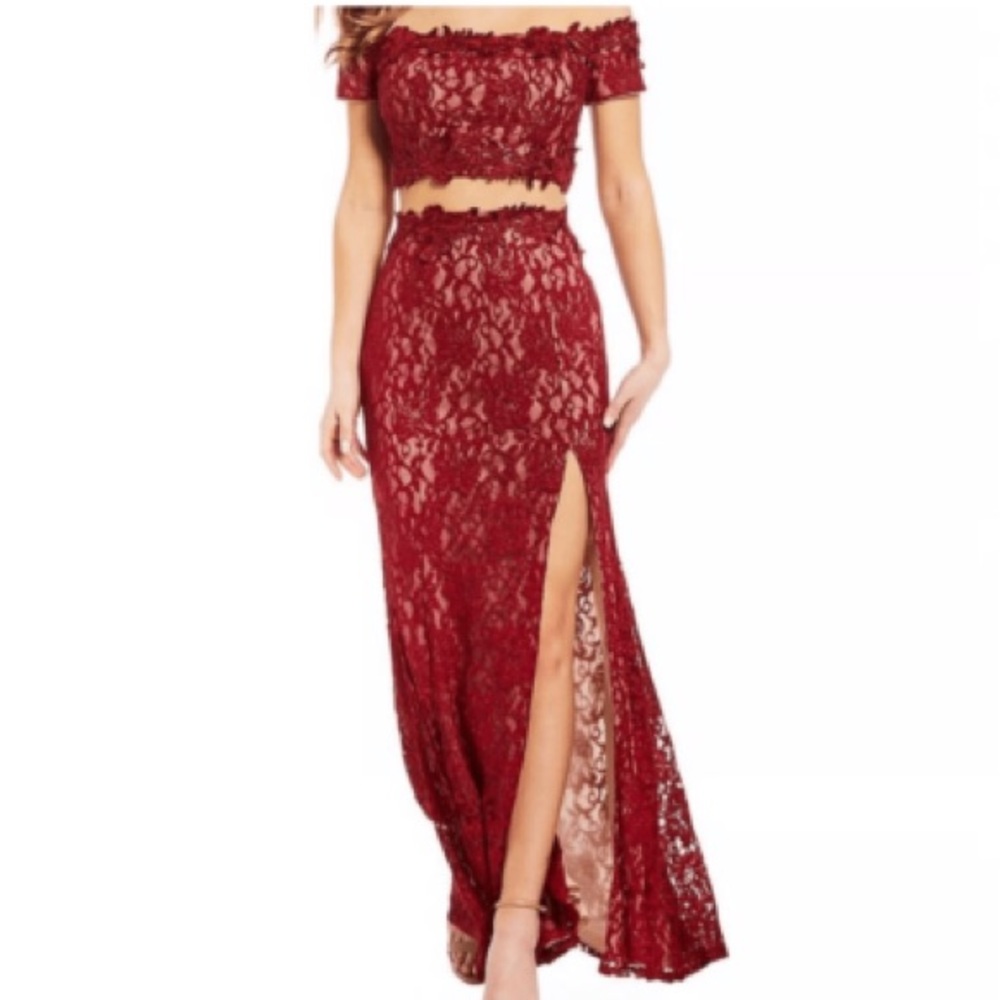 Sequin Hearts Red Lace Two-Piece Off-Shoulder Prom Dress